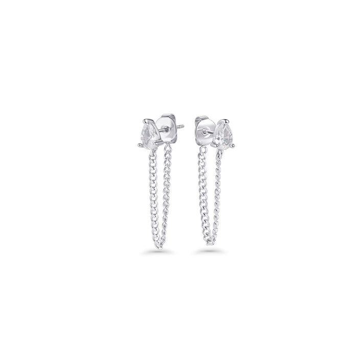 Silver stud earrings set with a pear-cut clear stone and a hanging chain on a white background. Nickel-free and waterproof jewelry by Mia Bijoux Canada.

Boucles d'oreilles argentées serties d'une pierre transparente taille poire avec chaînette suspendue sur fond blanc. Bijoux sans nickel et résistants à l'eau par Mia Bijoux Canada.