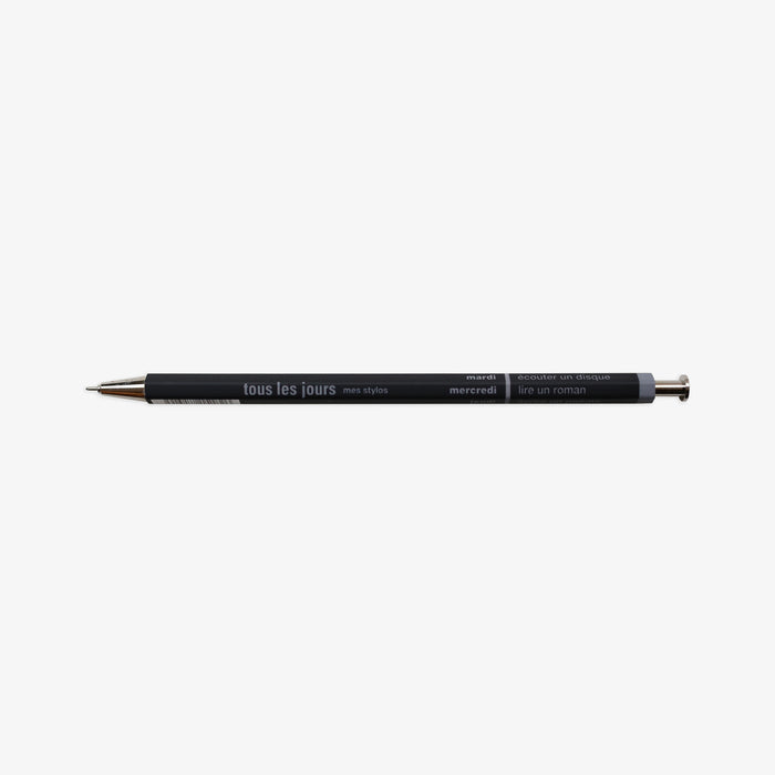 A black ballpoint pen, made of metal and wood, with a 0.5 mm tip.