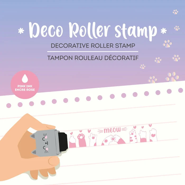 Decorative roller stamp with pink ink pad and cat design on a white background