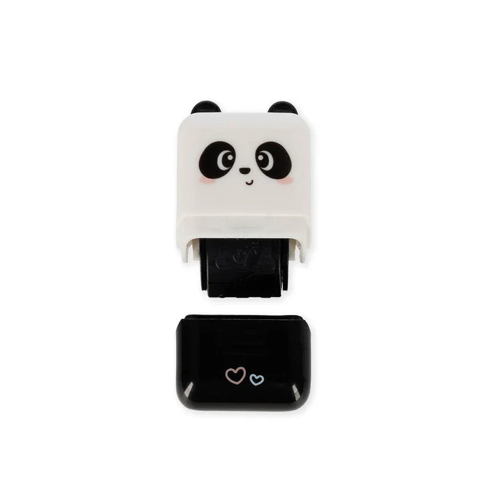 Panda-shaped black and white roller stamp on a white background