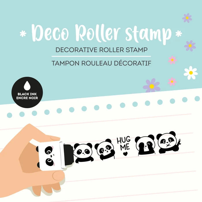 Decorative roller stamp with panda designs on lined paper against a light blue background with flowers.