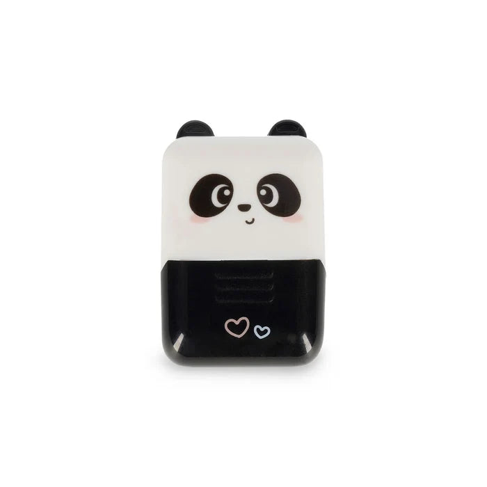 Panda-shaped roller stamp with a white face and black body on a white background