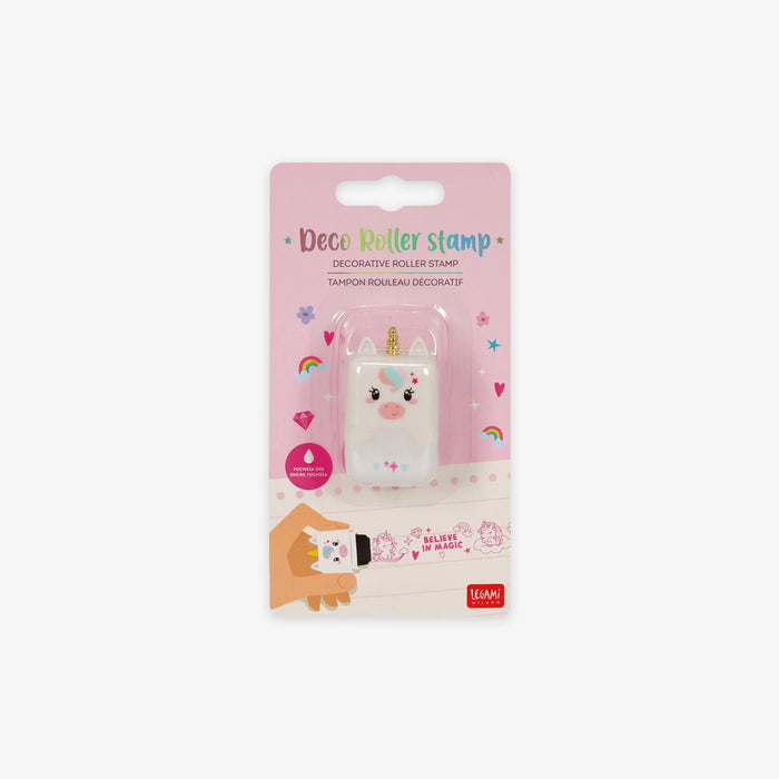 Decorative roller stamp with unicorn design on a grey background