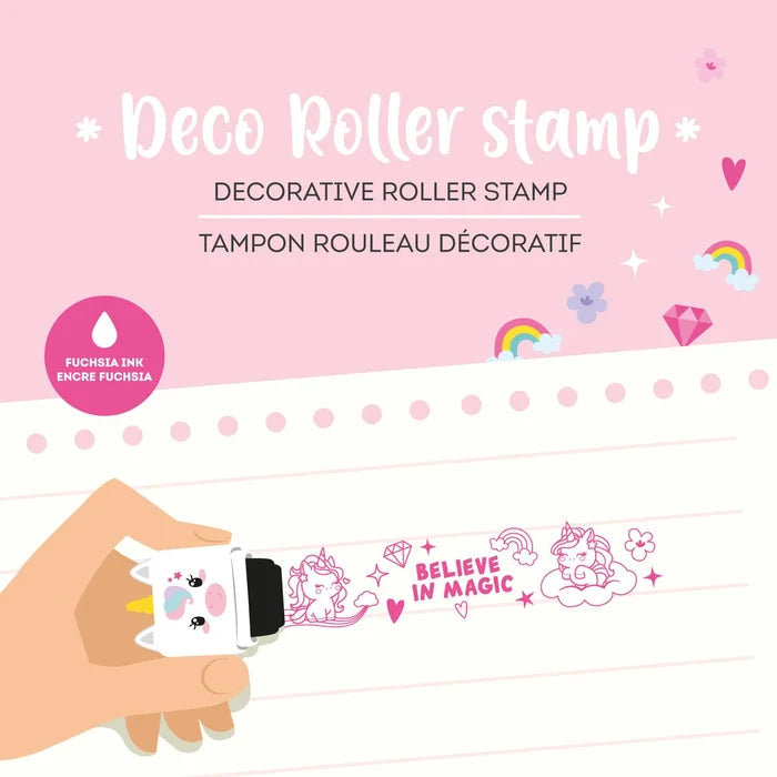 Decorative roller stamp with fuchsia ink on a pink background