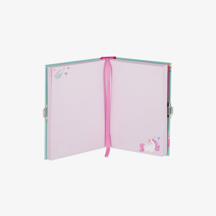 Open notebook with a pink ribbon with unicorn design on a white background