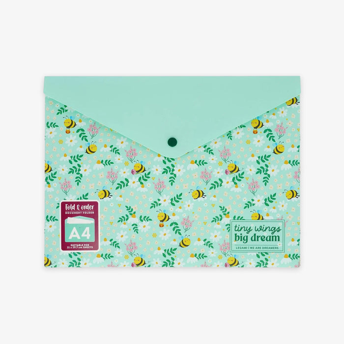 A mint green A4 document folder with a floral and bee pattern on the front, featuring a solid mint green envelope flap and a snap button closure. The brand 'tiny wings big dream' is printed on the lower right, and a red 'Fold & order' sticker is on the lower left, all set against a plain white background.