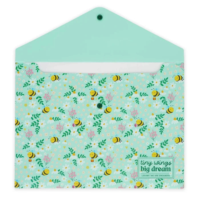 Floral patterned document folder with bee design on a light blue background