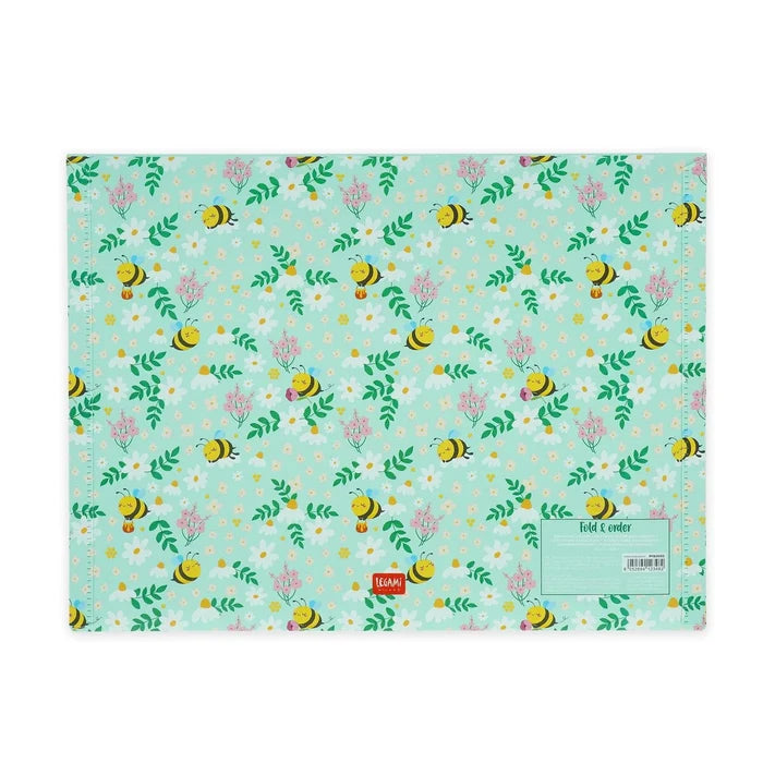 Floral patterned document folder with bees on a light blue background