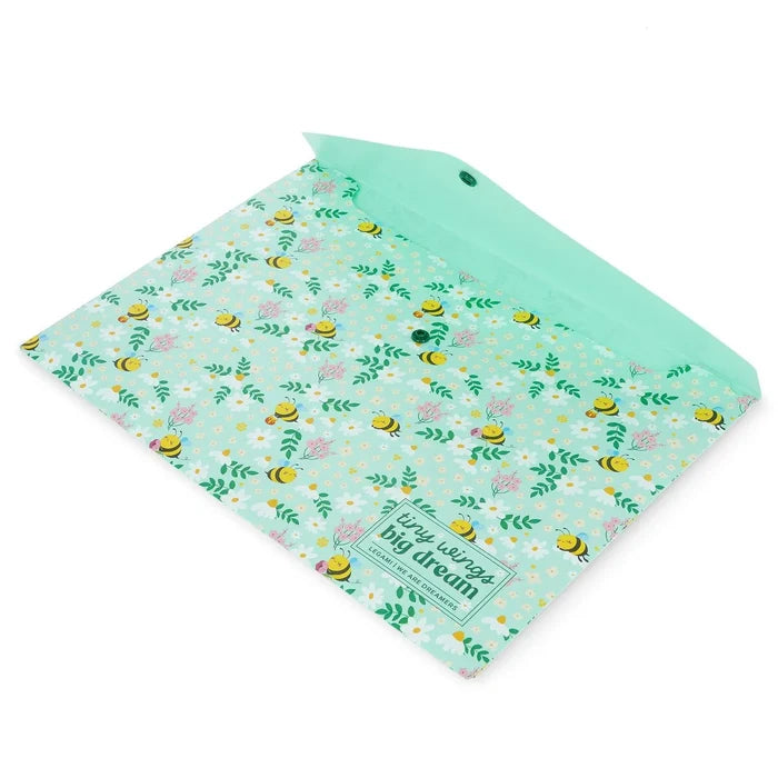 Mint green document folder with floral and bee pattern on a white background