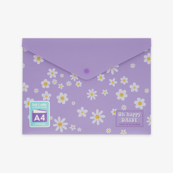 A lavender purple A4 document folder decorated with a white daisy floral pattern, featuring a fold-over flap with a snap button, a 'fold & order' sticker, and a 'Oh happy DAISY' text label on a light gray background.