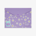 A lavender purple A4 document folder decorated with a white daisy floral pattern, featuring a fold-over flap with a snap button, a 'fold & order' sticker, and a 'Oh happy DAISY' text label on a light gray background.