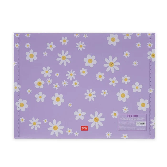 Purple document folder with white daisy pattern on a white background
