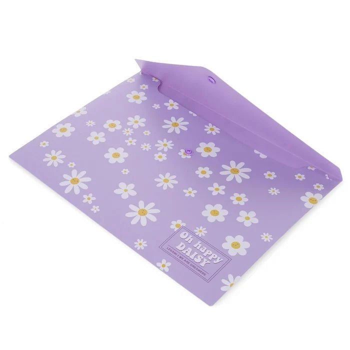 Purple document folder with white daisy pattern on a white background