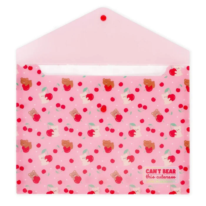 Pink document folder with teddy bear and cherry pattern and 'Can't Bear This Cuteness' text.