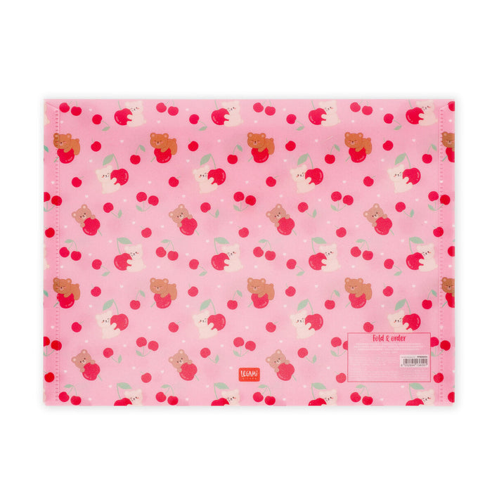 Pink document folder with teddy bear and cherry pattern on a white background