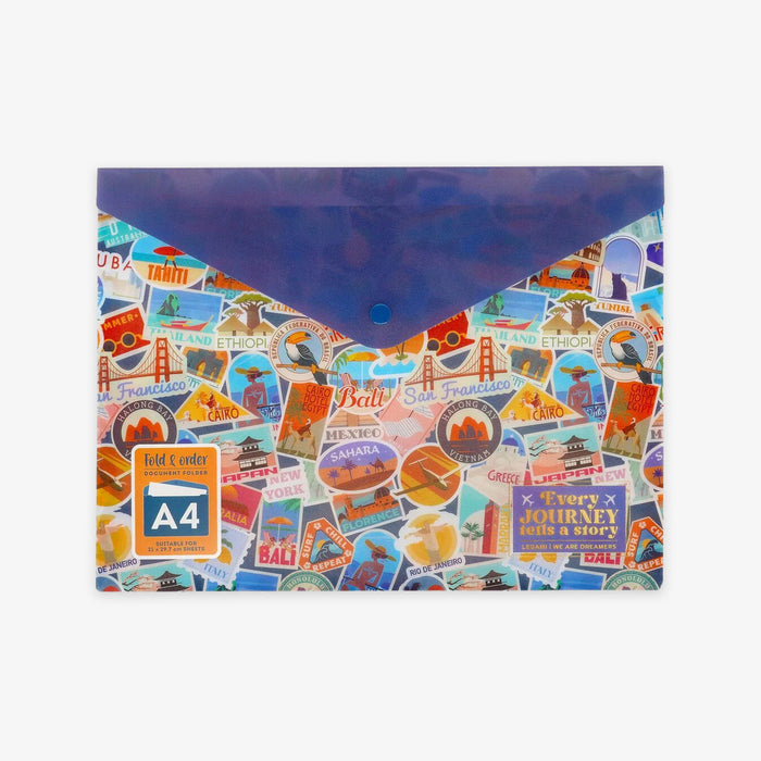 A clear plastic A4 document folder with a blue envelope flap and a colorful travel sticker collage pattern on the front, shown on a light gray background.