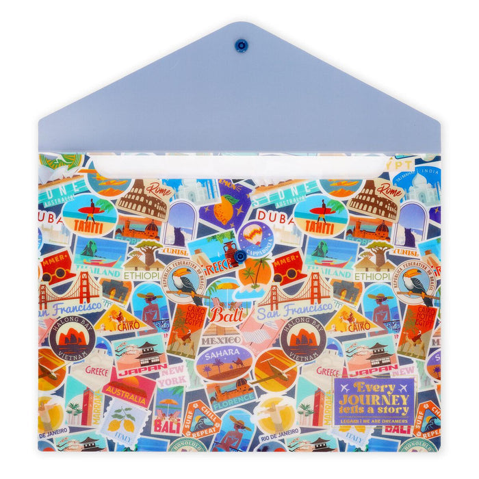 Colorful travel-themed document folder with various destinations and landmarks.