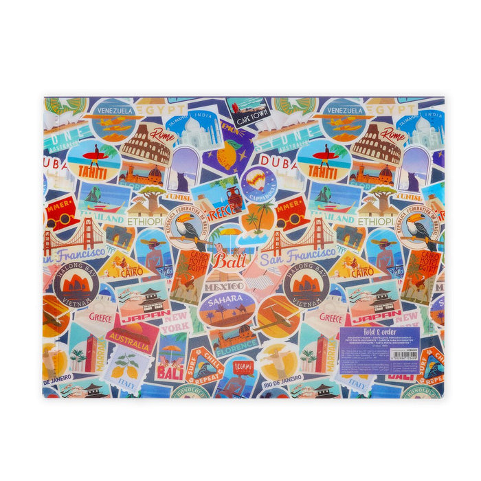 Collection of colorful travel-themed document folder on a white background
