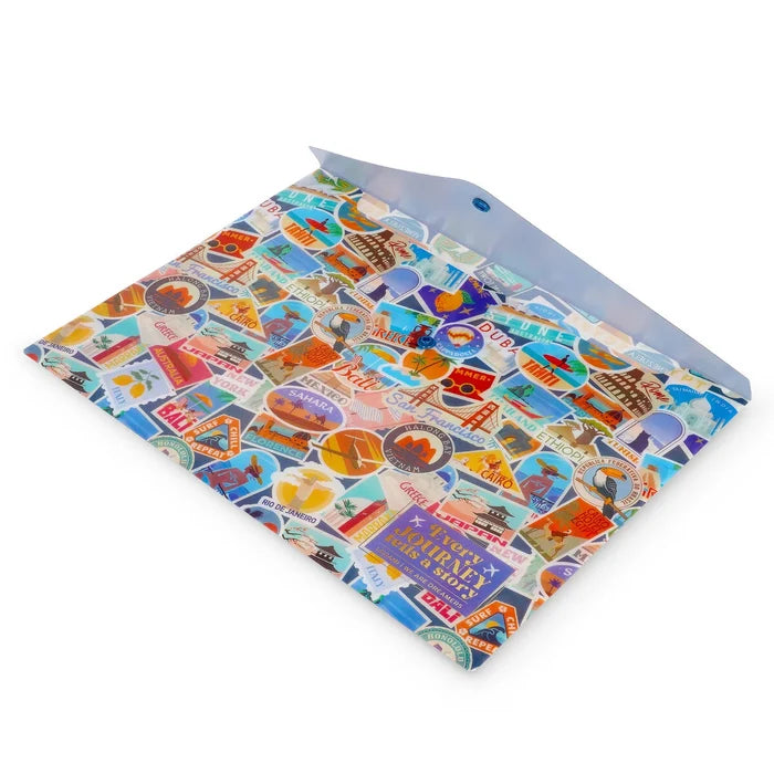 Colorful travel-themed document folder with various icons on a white background
