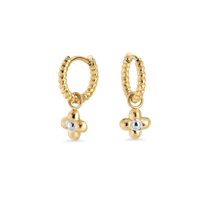 Twisted silver hoop earrings with gold flower charm in surgical stainless steel, hypoallergenic earrings for sensitive ears, lightweight, durable and tarnish resistant in Canada.