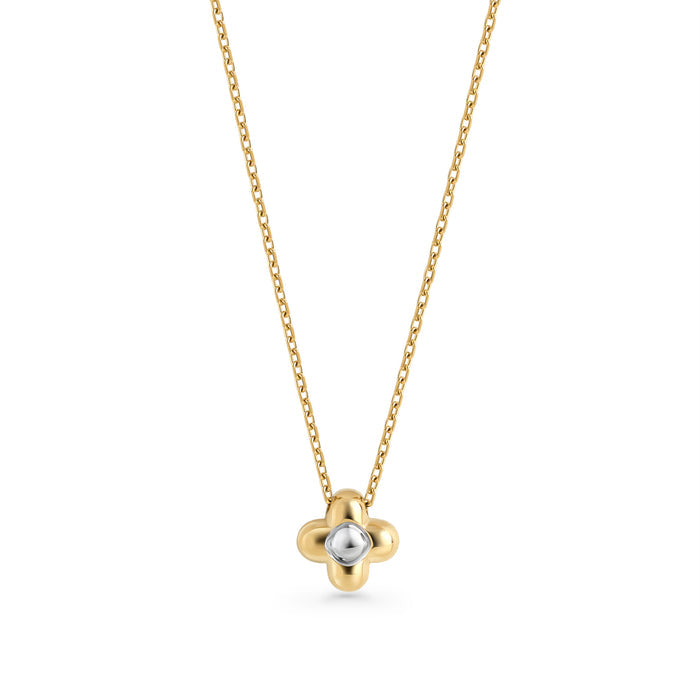 Gold stainless steel clover pendant necklace with silver center, delicate chain necklace for daily wear, long-lasting shine, hypoallergenic jewelry available in Canada.