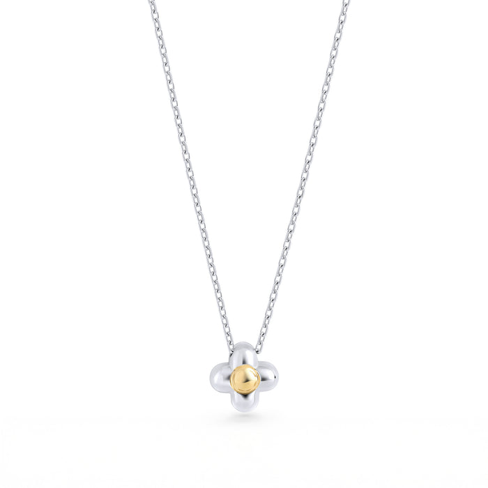 Silver stainless steel flower pendant necklace with gold center, minimalist everyday jewelry, durable tarnish resistant chain, modern women’s necklace in Canada.