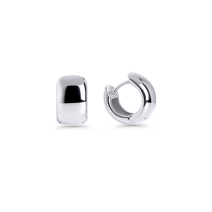 Silver stainless steel chunky huggie hoop earrings with smooth rounded design, hypoallergenic earrings for sensitive ears, non-tarnish durable minimalist everyday jewelry Canada.