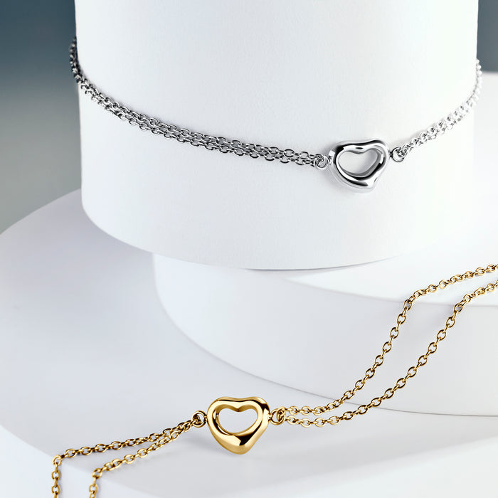 Gold and silver dainty open heart double chain bracelets – nickel-free, waterproof & tarnish-resistant stainless steel bracelets for women, top-rated jewelry gift for daughter by Mia Bijoux Canada