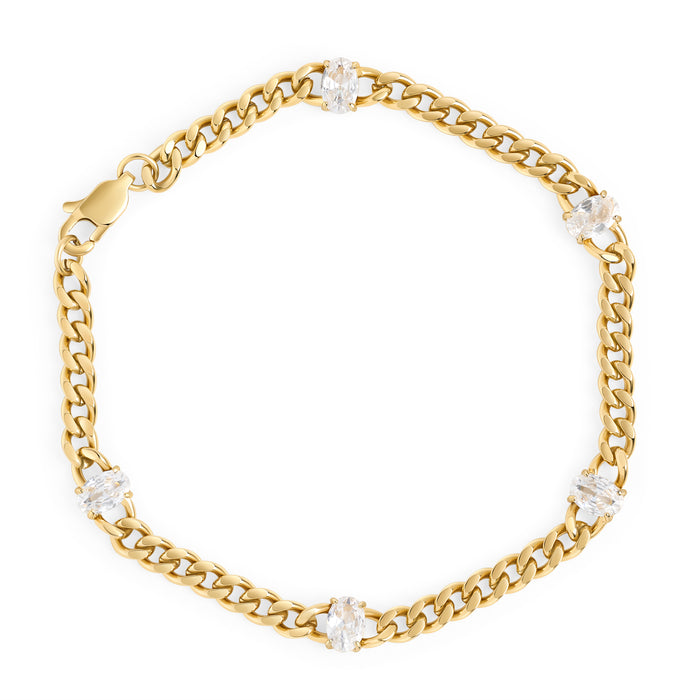 Gold curb chain bracelet with oval cubic zirconia stones – hypoallergenic, waterproof & non-tarnish stainless steel bracelet for sensitive skin, affordable luxury jewelry by Mia Bijoux Canada