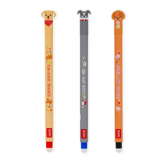 Three erasable gel pens with cartoon dog designs and text on a white background