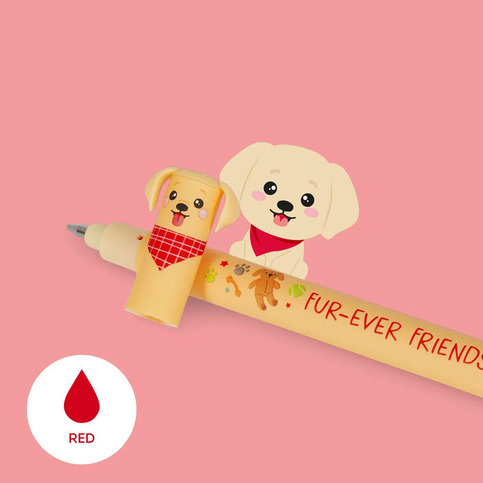 A erasable gel pen with a cartoon dog design and with 'Fur-Ever Friends' text on a pink background