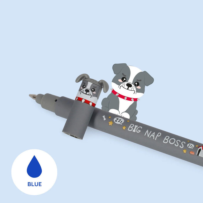 A erasable gel pen with a cartoon dog design and with 'BIG NAP BOSS' text on a light blue background