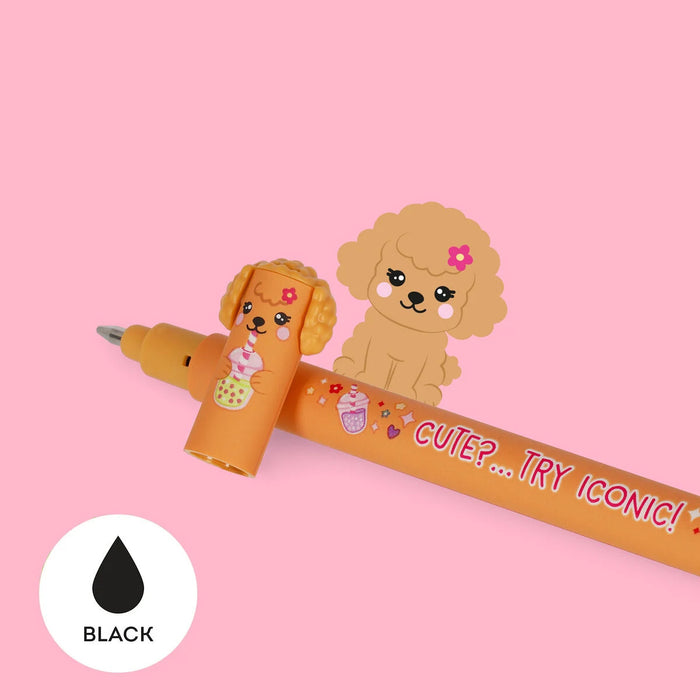 A erasable gel pen with a cartoon dog design and with 'CUTE?... TRY ICONIC!' text on a pink background
