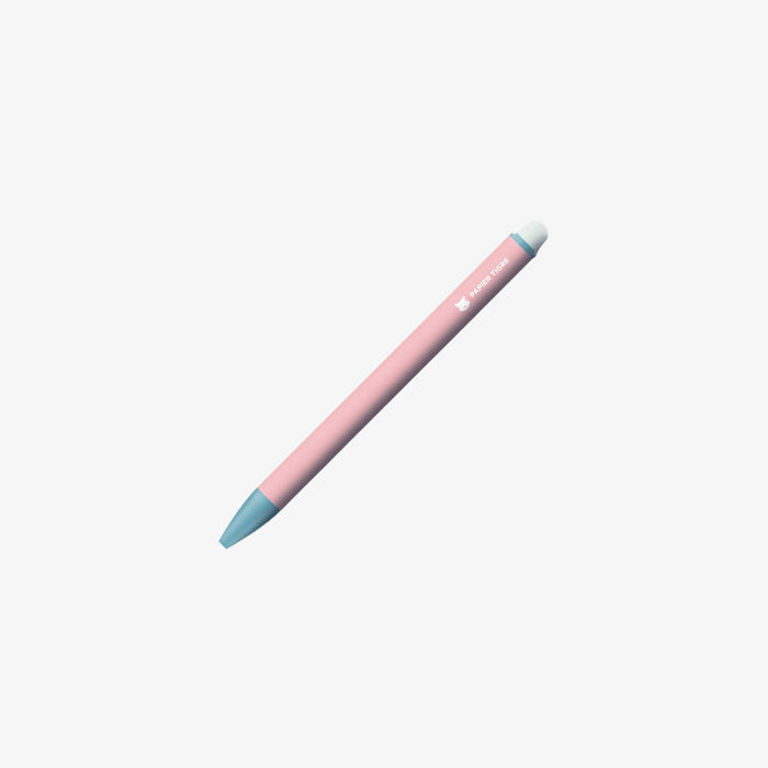 Pink erasable pen with blue accents on a white background