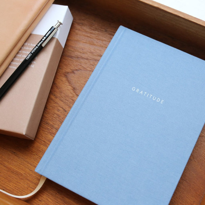 Light blue Gratitude journal on tray with books and pen.