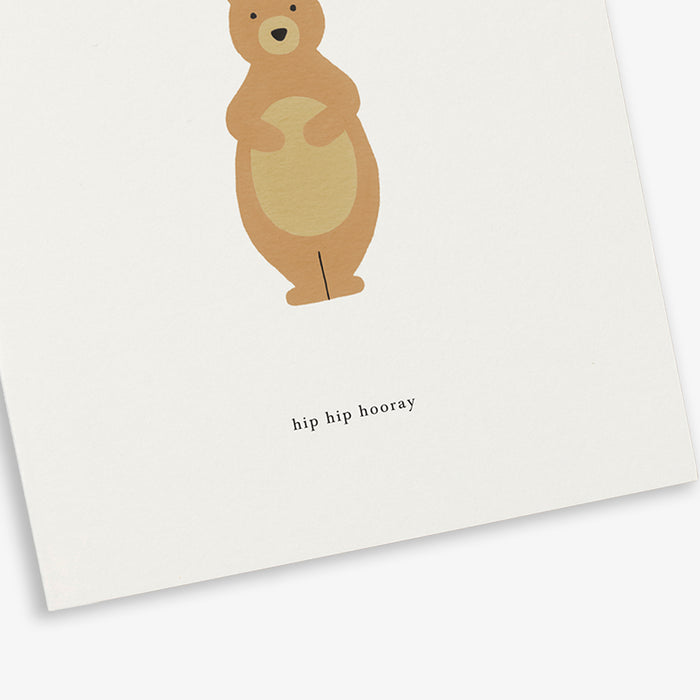 A birthday greeting card with an illustration of a bear wearing a party hat, with the text 'Hip Hip Hooray'.
