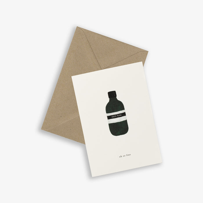A simple illustrated greeting card with a bottle design with the text 'oh so fine' accompanied by a brown kraft envelope, displayed on a white background.