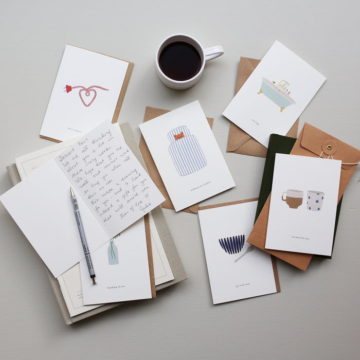 Greeting cards with sweet illustrations and texts, one is written next to coffee.