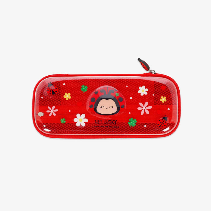 Red pencil case with ladybug design on a white background