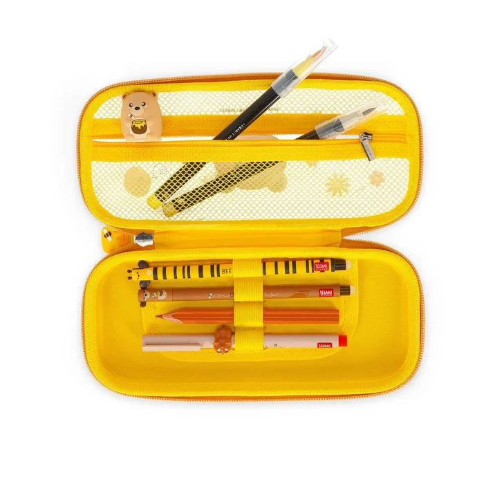 Yellow pencil case with stationery items on a white background