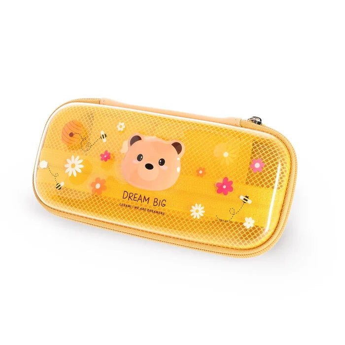 Yellow pencil case with a bear design and 'Dream Big' text on a white background