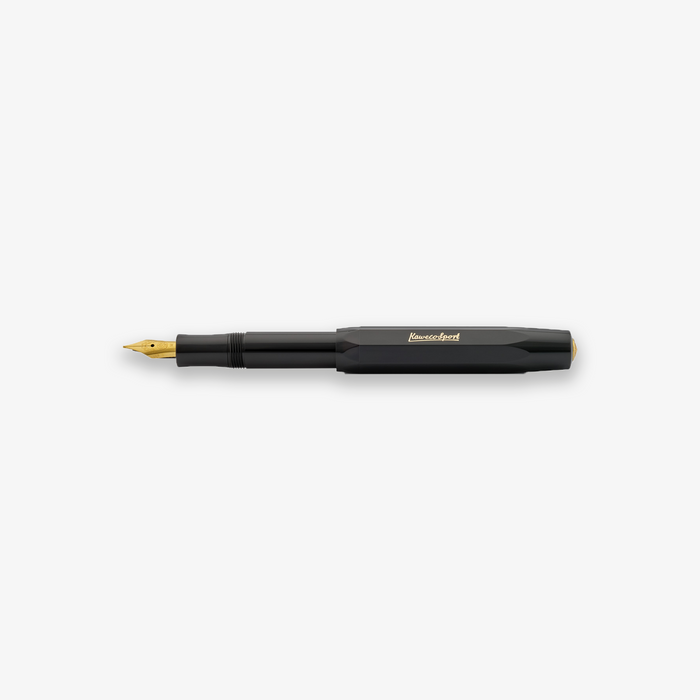 A black Kaweco Classic Sport fountain pen with a gold nib.