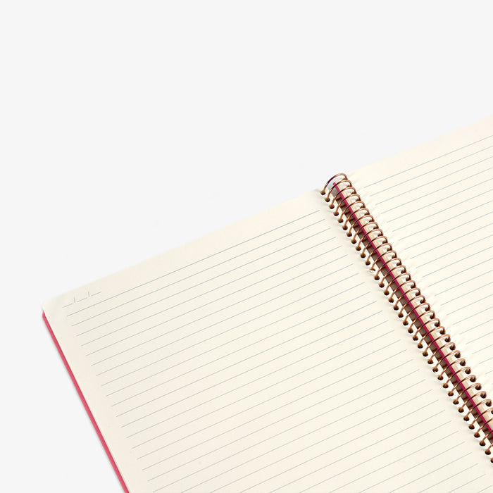 Open notebook with spiral binding on a white background