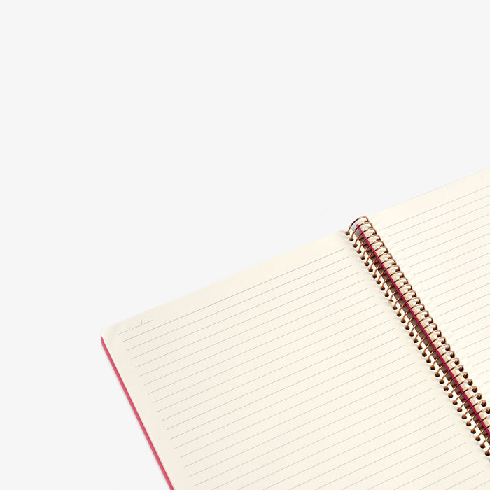 Open notebook with lined pages on a white background