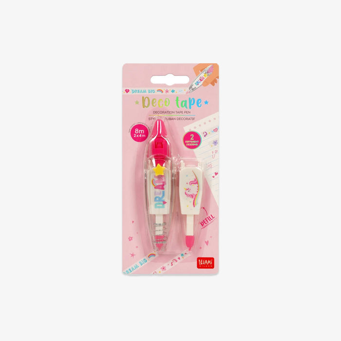 Packaged decotape set with pink and white unicorn design on a white background
