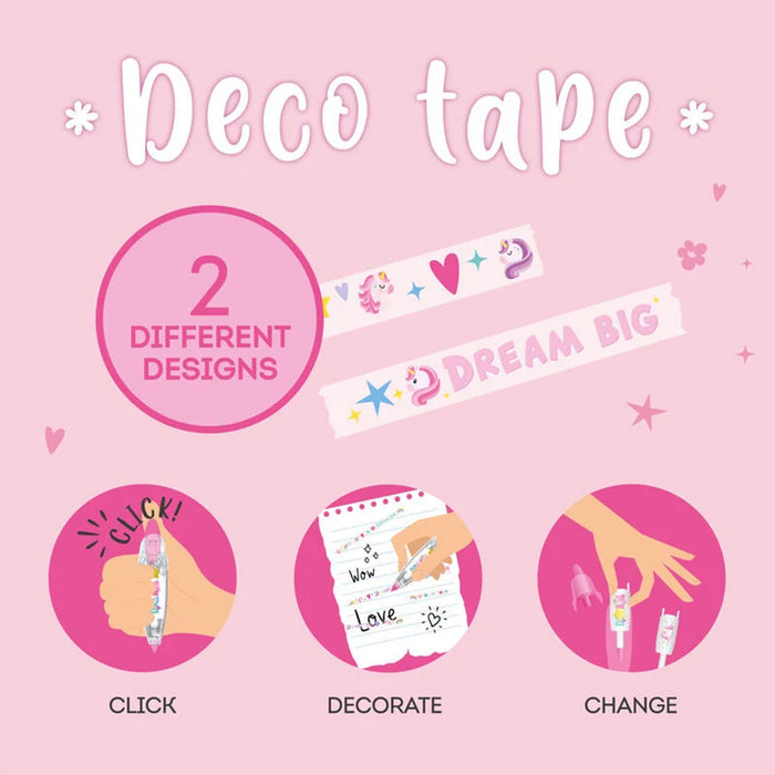 Deco tape packaging with two unicorn designs on a pink background