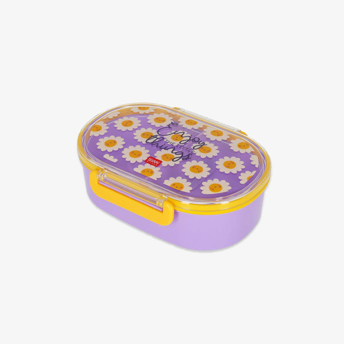 A purple oval lunch box with a yellow handle and a clear lid decorated with a daisy pattern and the words 'Enjoy the little things'.
