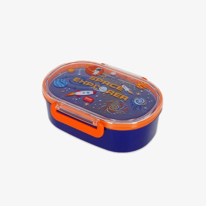 A blue and orange lunch box with a clear lid featuring a colorful 'Space Explorer' design, set against a plain light gray background.