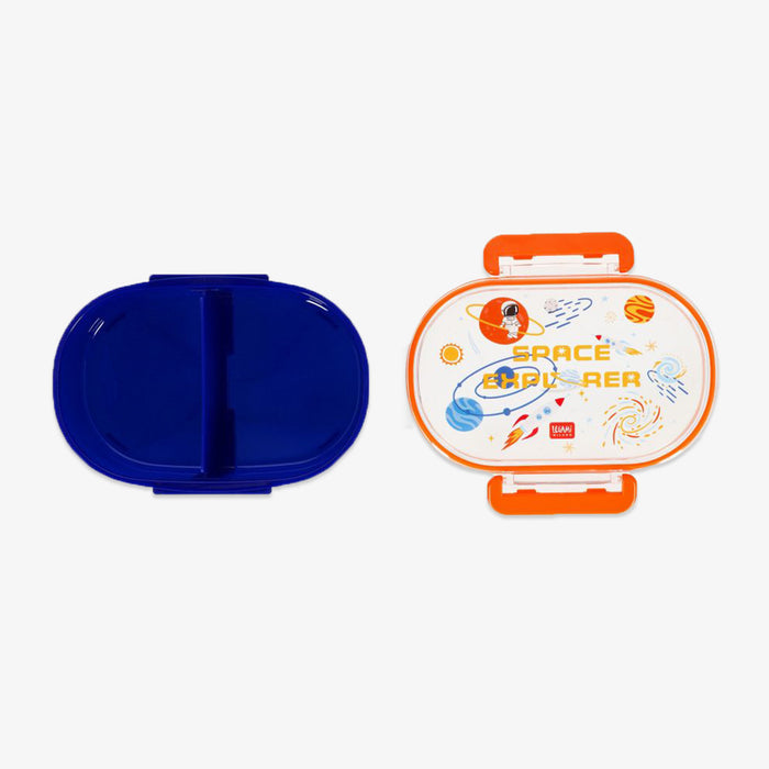 A children's lunch box shown open, with a dark blue divided bottom half and an oval top lid decorated with a colorful space theme including planets, rockets, and the words 'SPACE EXPLORER'. The lid has orange handles on the sides.