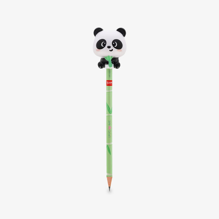 A green pencil with a cute squishy panda bear on top of the pencil holding bamboo, shown against a plain light gray background.